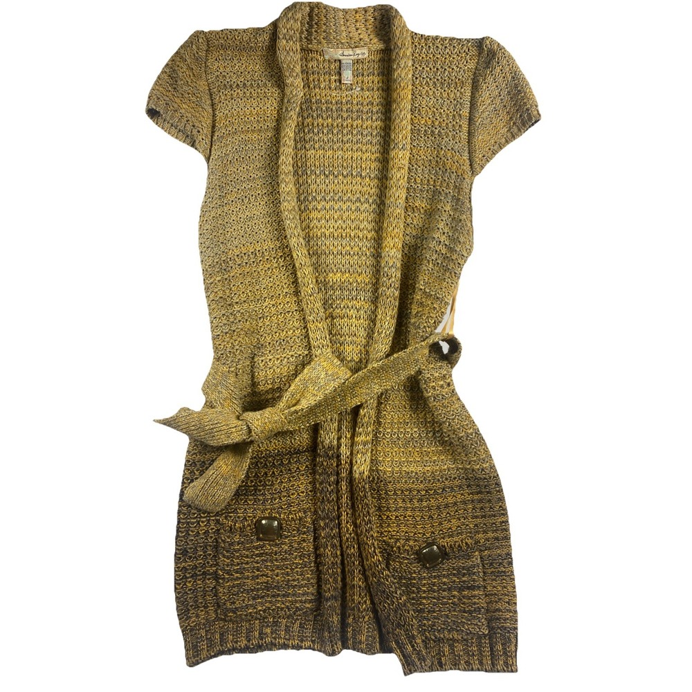 American Rag Long Cardigan Sweater L Tan & Brown Open Front. Button Pockets